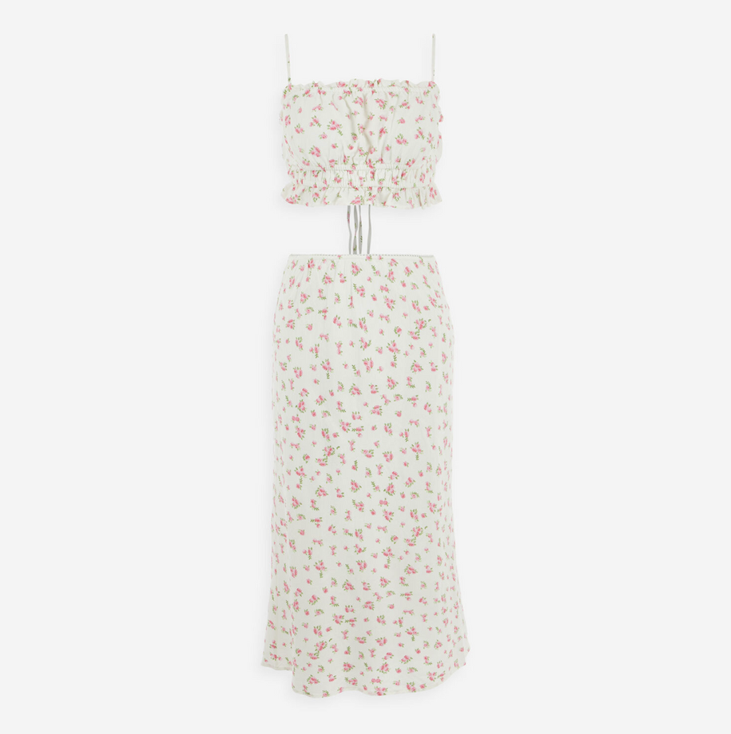 Conjunto de top de tirantes y falda larga con estampado floral blanco Midnight Sky