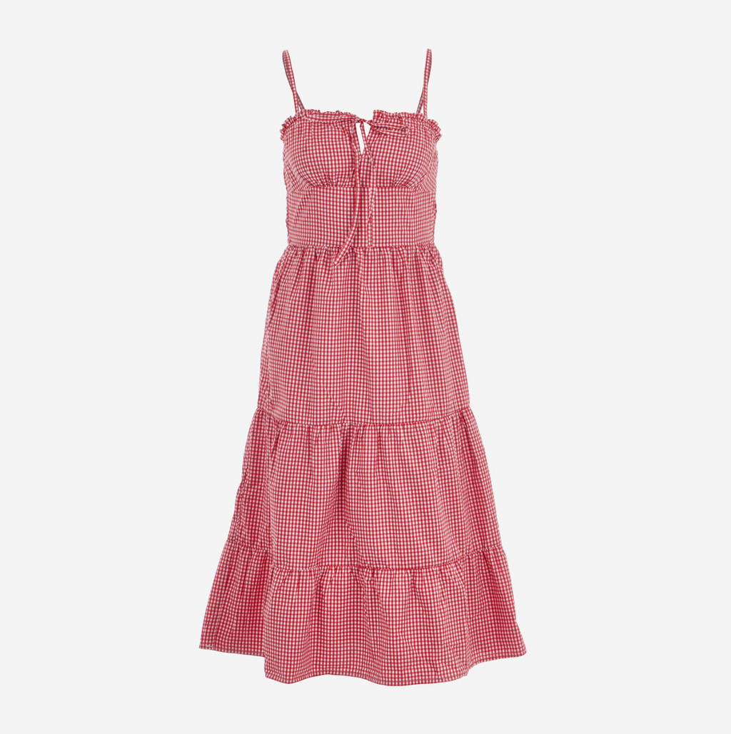 Sim & Sam Vestido largo de lechera con cuadros vichy rojos y blancos