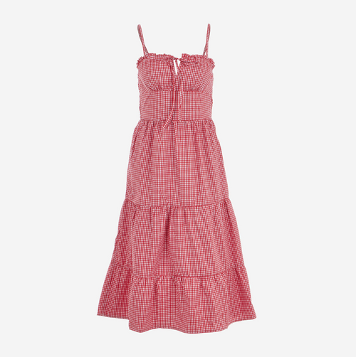 Sim & Sam Vestido largo de lechera con cuadros vichy rojos y blancos